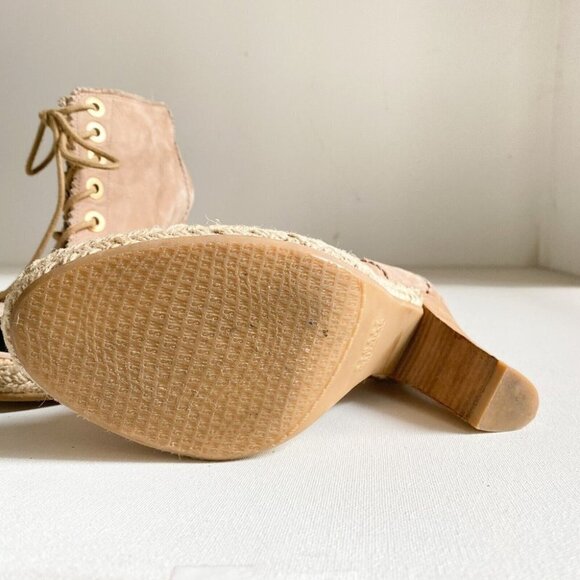 Stuart Weitzman  Light Beige Suede Espadrille Detail Heeled Peep Toe Booties 7.5 - Picture 6 of 7